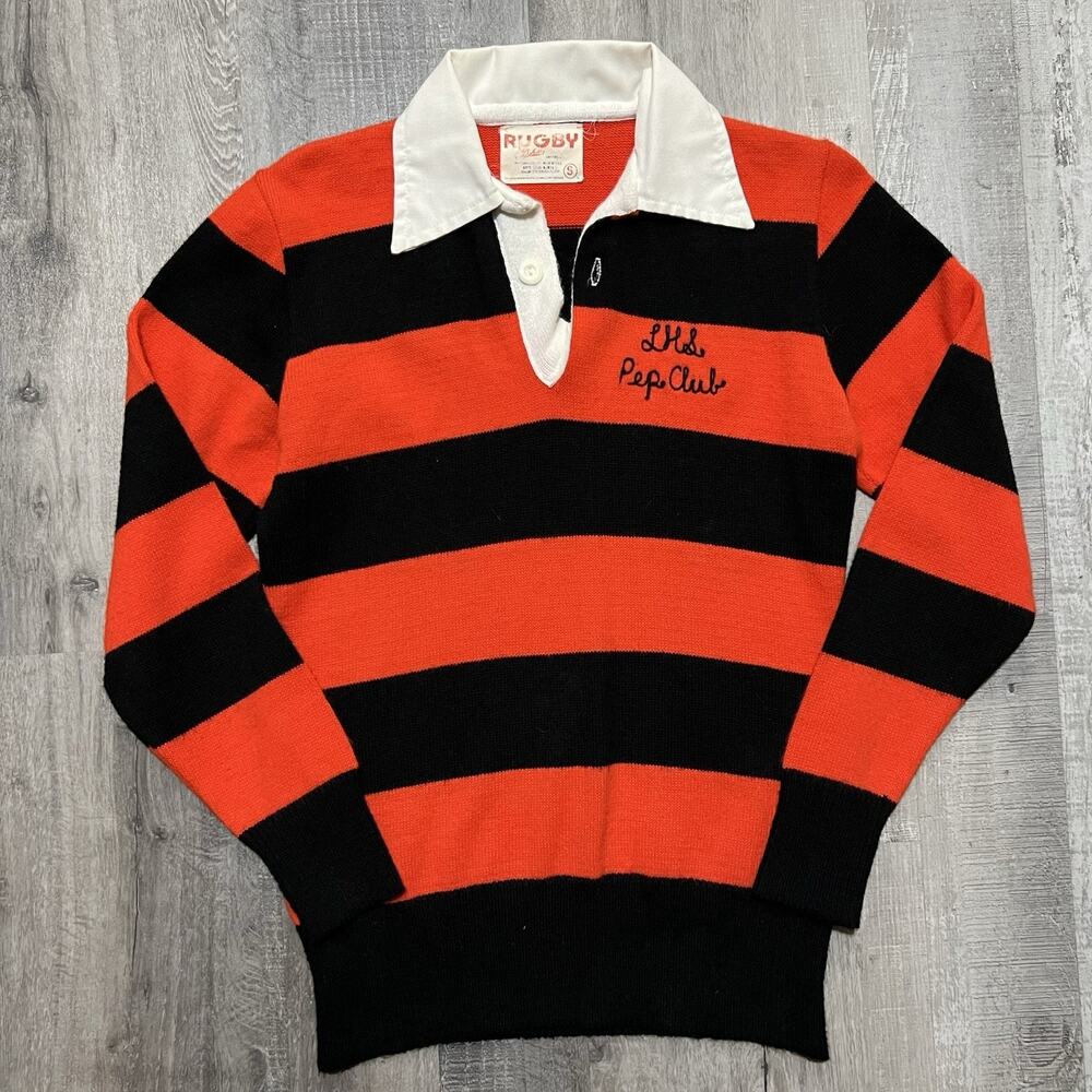 VTG 60s 70s Dehen Rugby Shirt Orange Striped Chain Stitched LHS Pep Club Preppy